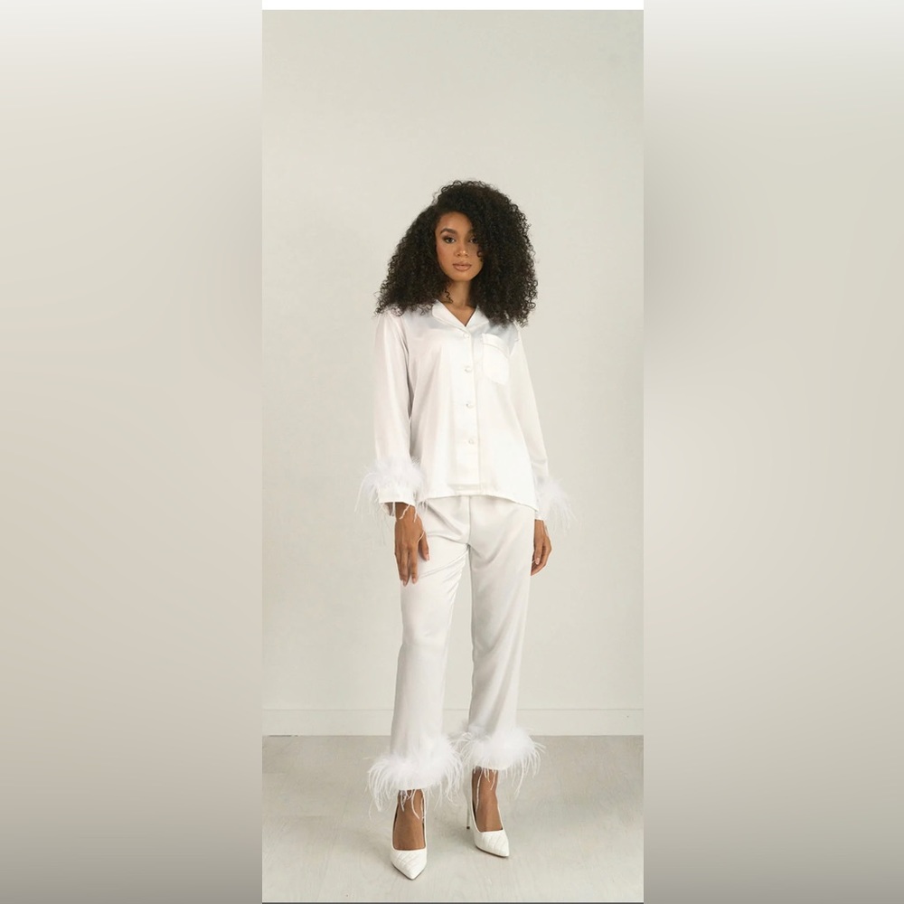 White satin feather trimmed pajama set! Size small, never worn!